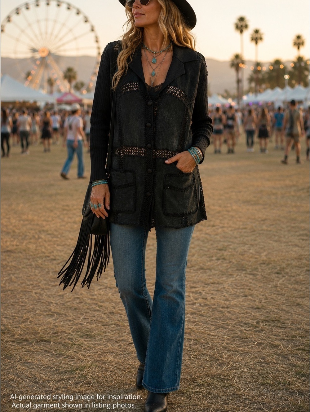 Vintage Clio Black Leather Crochet Jacket Boho Luxe Artisan Western L